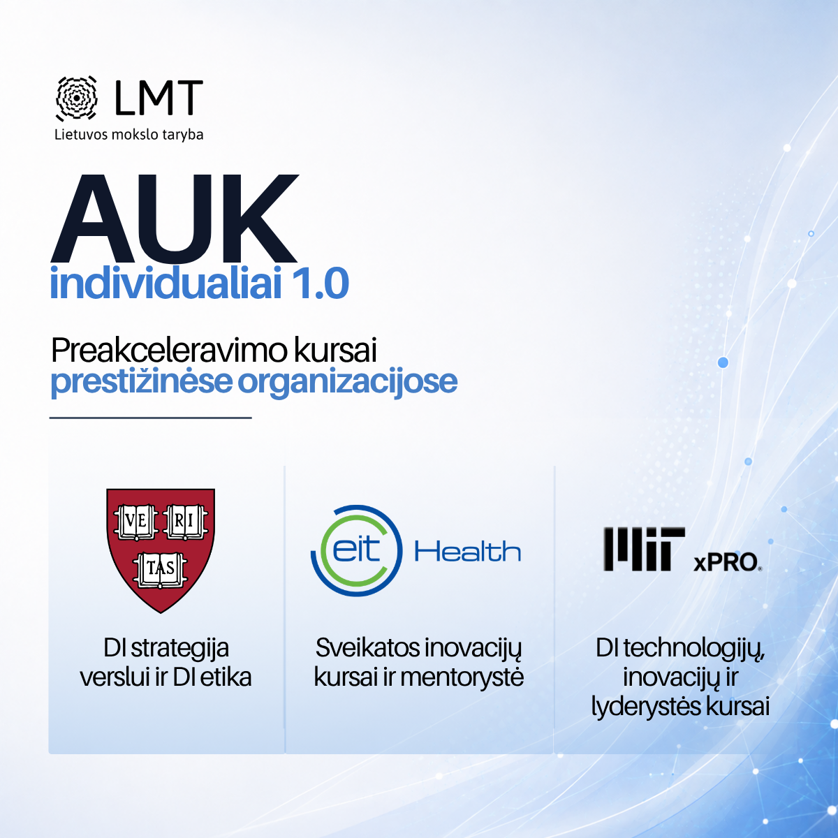 LMT kvietimas „AUK individualiai 1.0“ — preakceleravimo kursai Harvard University, EIT Health ir MIT xPRO organizacijose